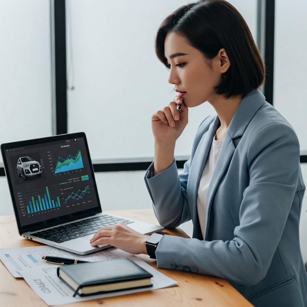 "Woman comparing car lease deals on laptop"