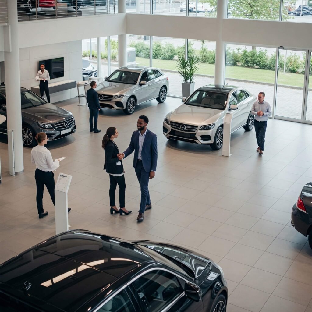 "Mechanics Servicing Car at Dealership"