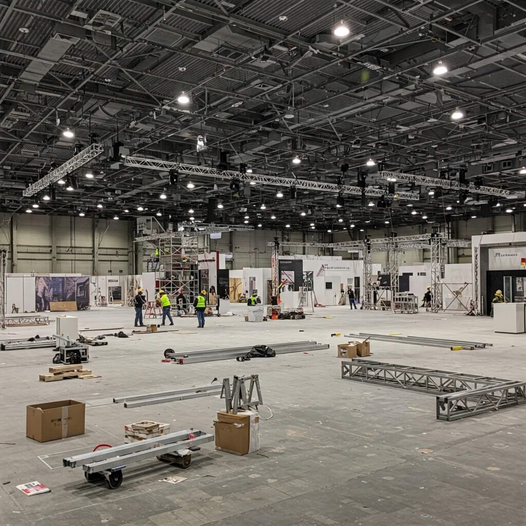 Busy auto show setup crew working in vast convention hall.