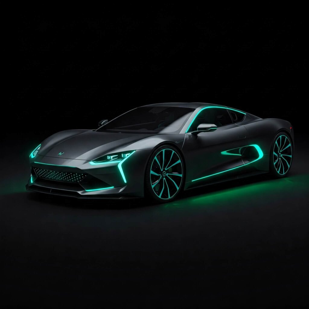 Sleek futuristic electric supercar with green highlights.