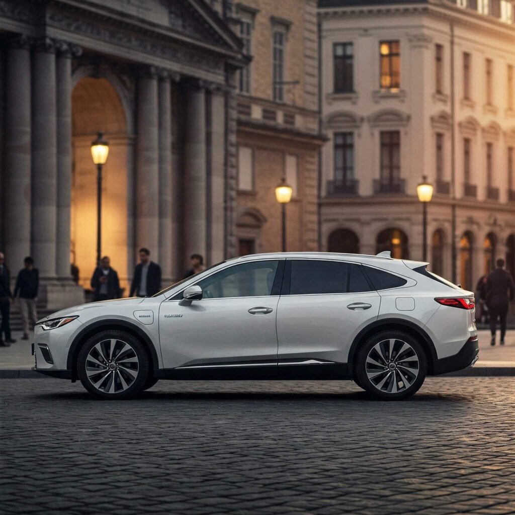 Luxury hybrid parked in city.