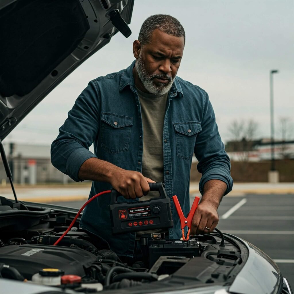 "Person confidently using a portable jump starter on a car battery."