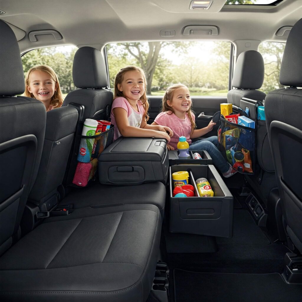 Organized car interior with happy kids.