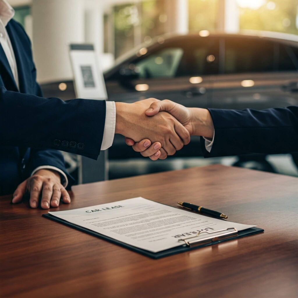 "Car dealership handshake, lease agreement"