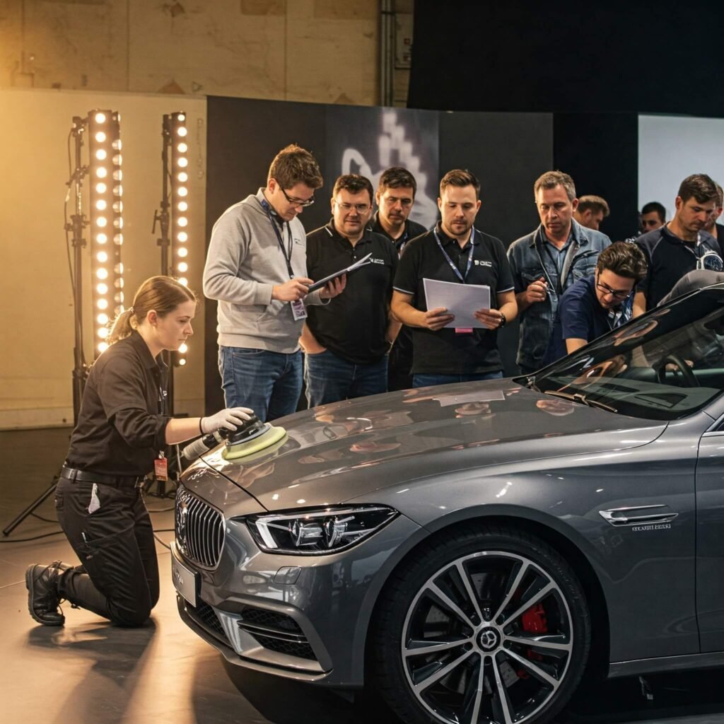 Dedicated team working together on a car at an auto show.