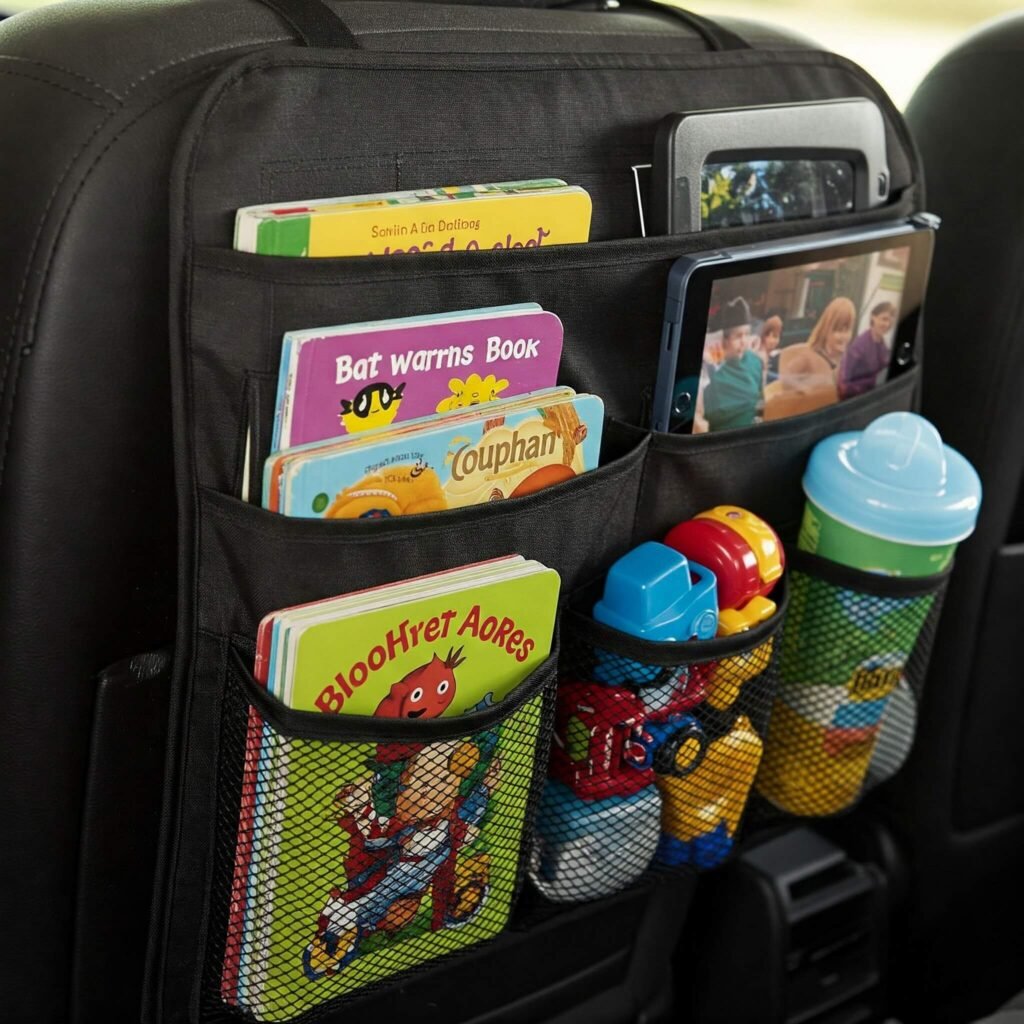 Backseat organizer with kids' items.