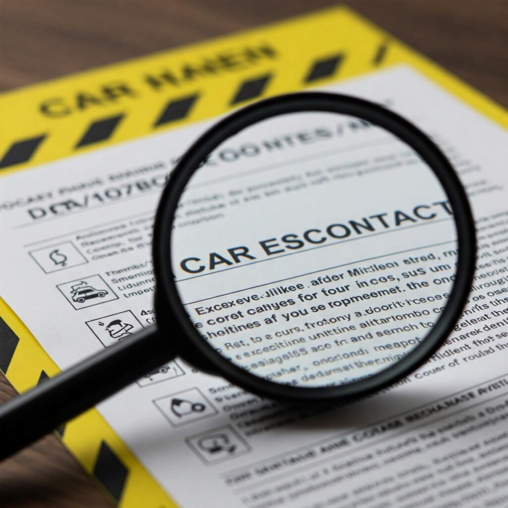 "Magnifying glass over car lease contract"