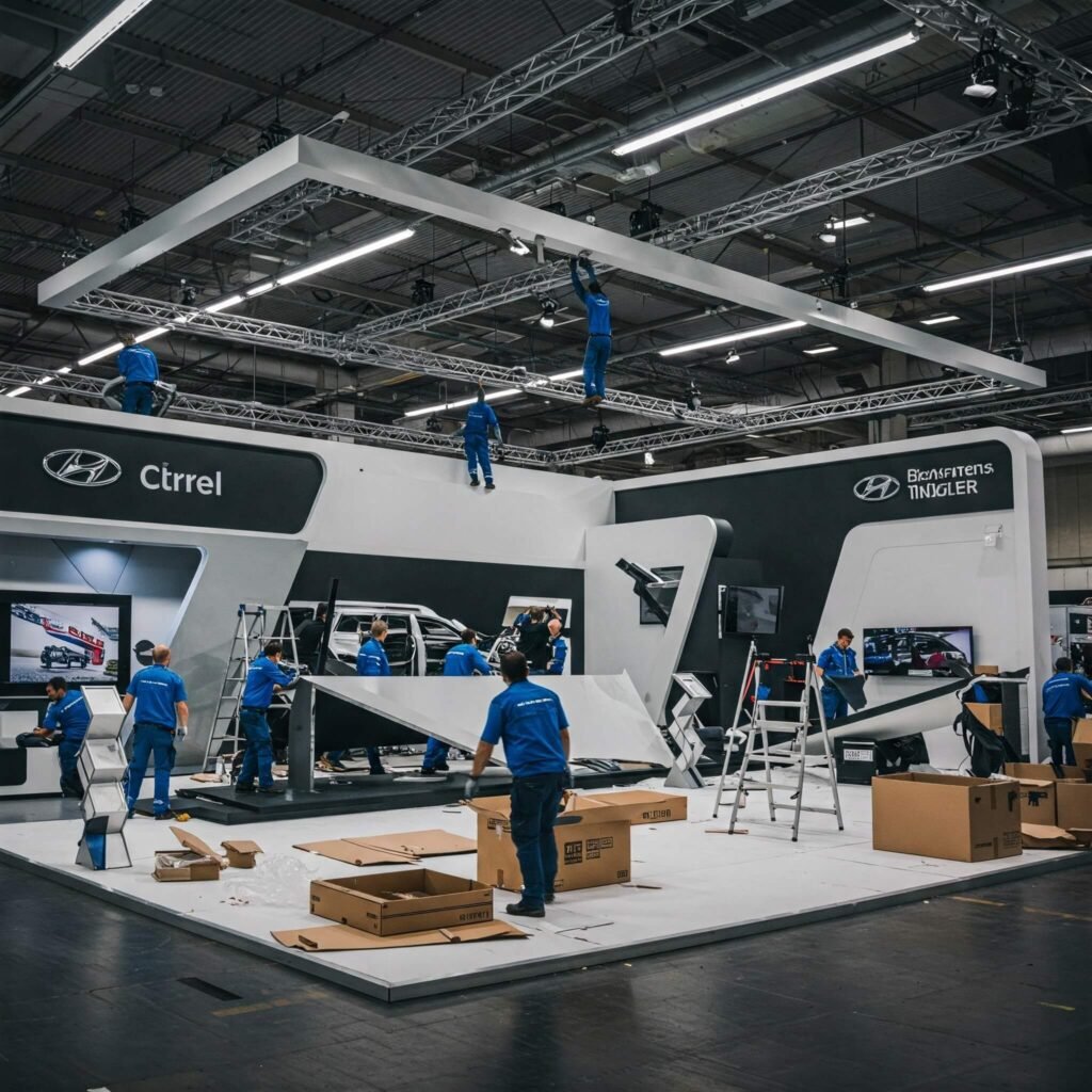 Auto show teardown: Workers dismantling a large exhibition booth.