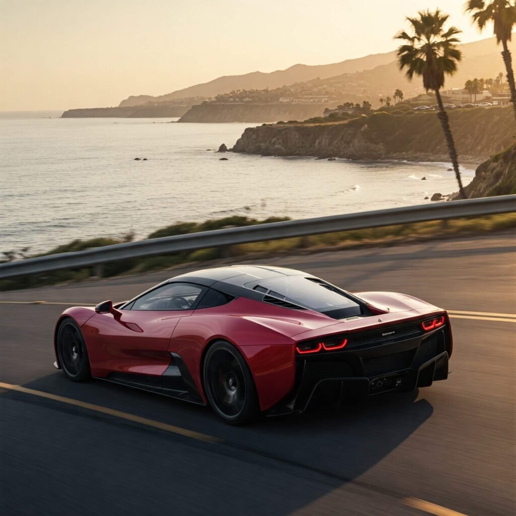 Hybrid supercar driving on a scenic coastal road.