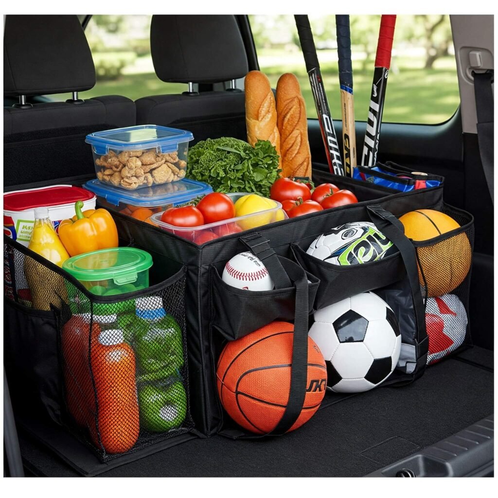 Trunk organizer with groceries and sports gear